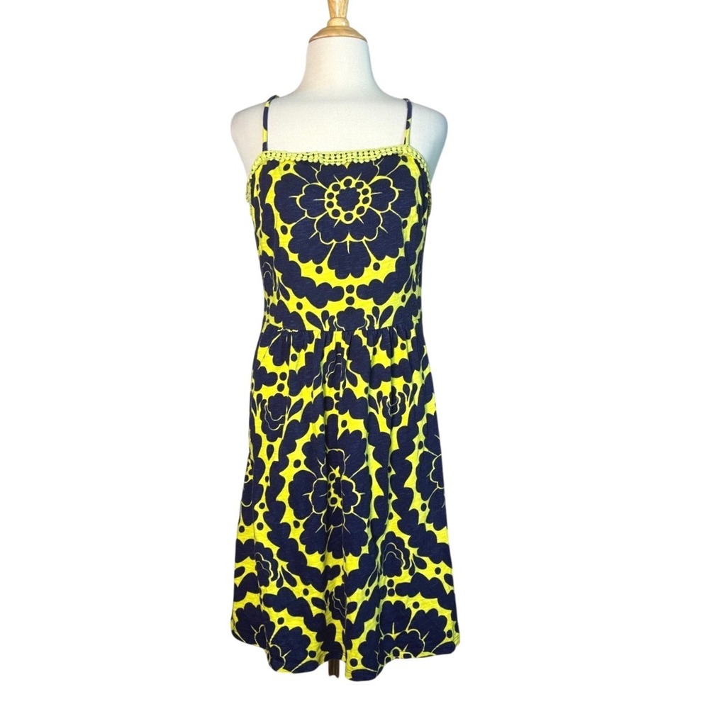BODEN US 8R Navy and Gold Bold Floral Print Spaghetti Strap Mini Dress Summer